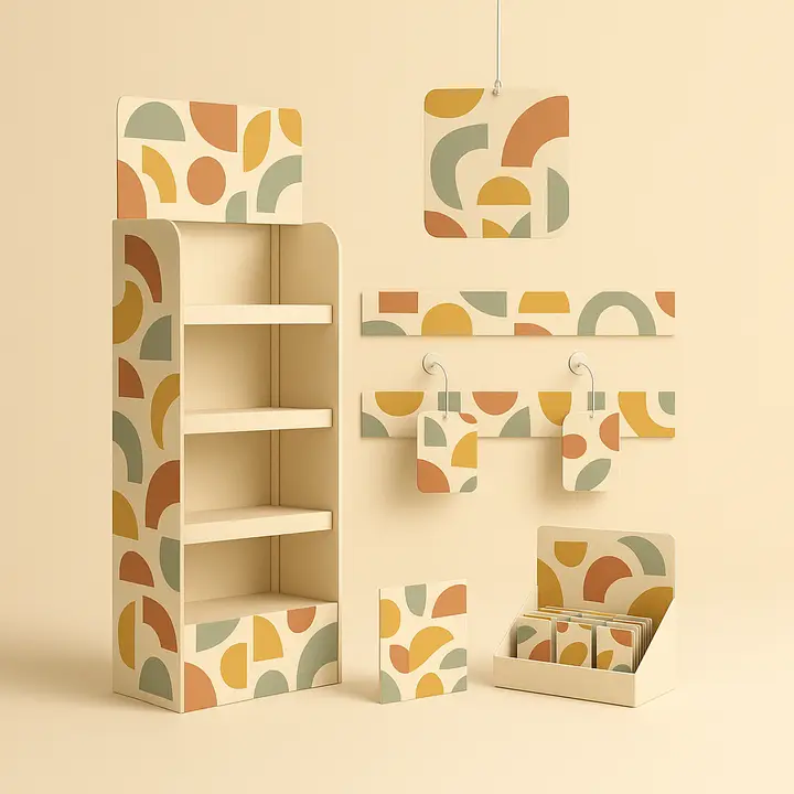 Composição de materiais gráficos — Displays, Wobblers, Testeiras, Faixas de gôndola, Móbiles — produzidos pela rede homologada Kettex