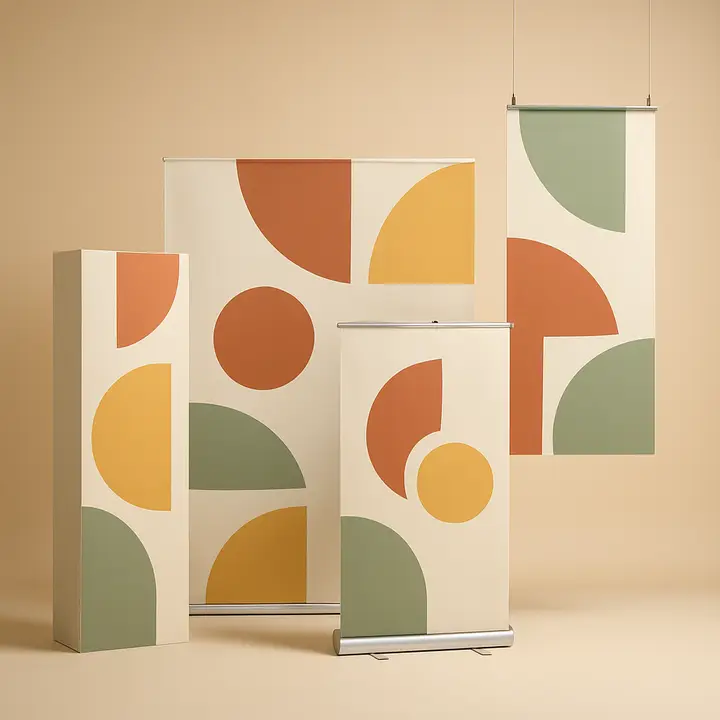 Composição de materiais gráficos — Totens, Backdrops, Banners, Comunicação visual — produzidos pela rede homologada Kettex